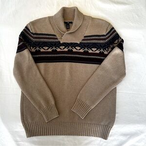 GAP Aztec Knit Sweater Tan with Multi-Color Design Shawl-Collar Sz Large